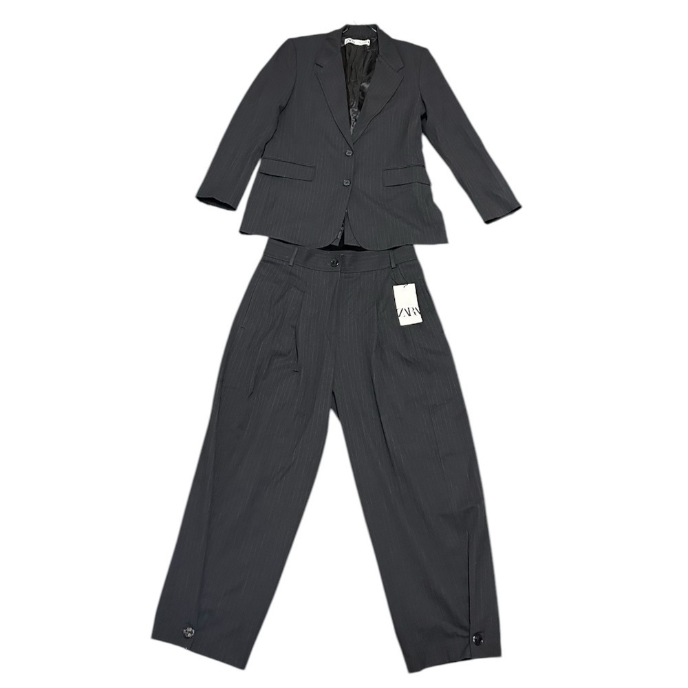 Zara pinstripes double breasted black pantsuit
